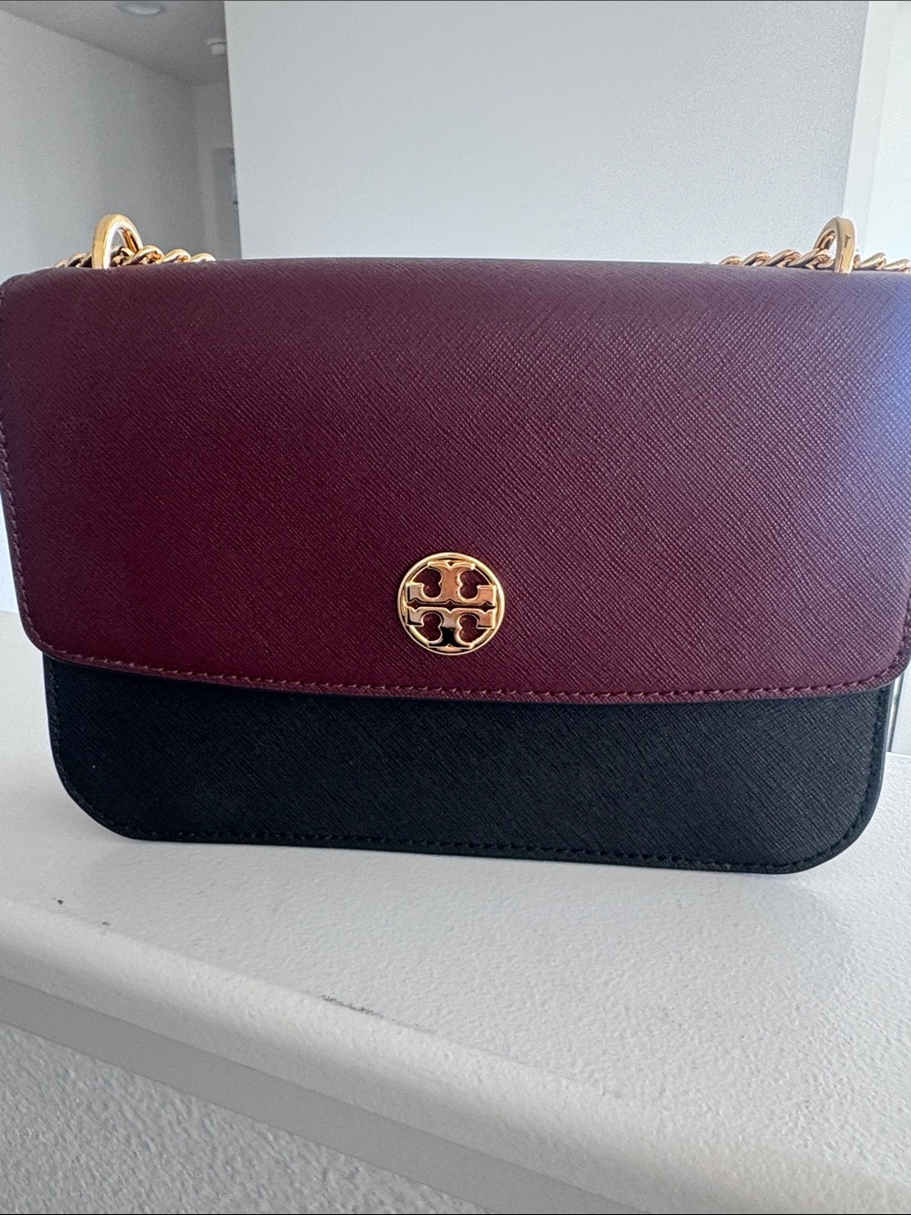 Tory Burch Two-Tone Burgundy and Black Chain Shoulder Bag